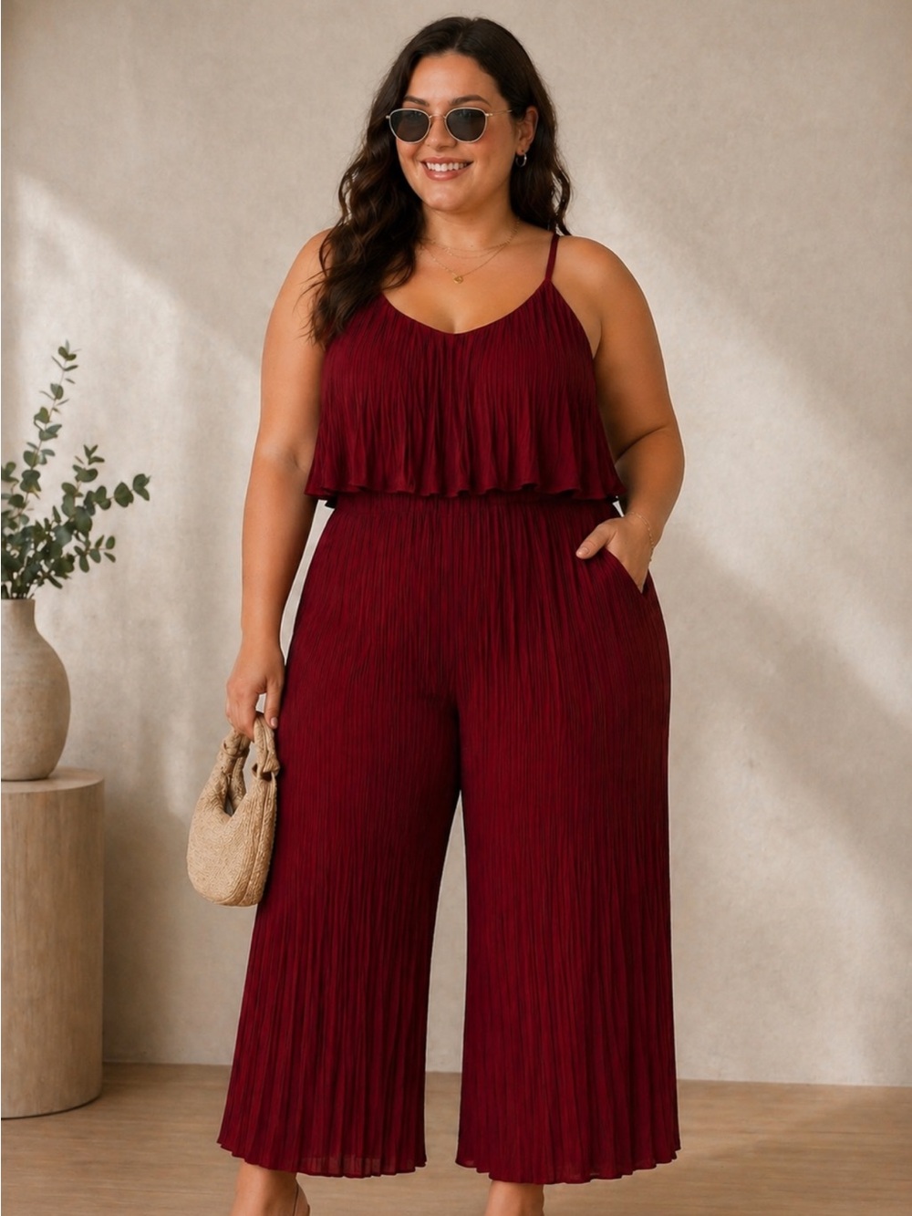 Elegant Red Pleated Jumpsuit